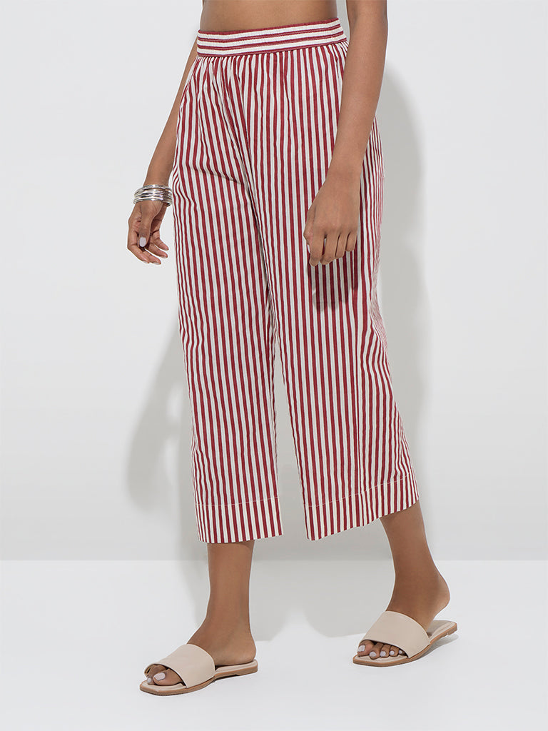 Utsa Red Stripe Patterned Cotton Ethnic Pants