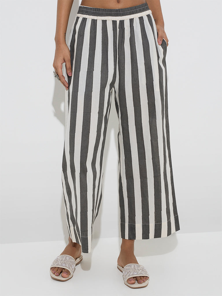 Utsa Grey Stripe Printed Cotton Ethnic Pants