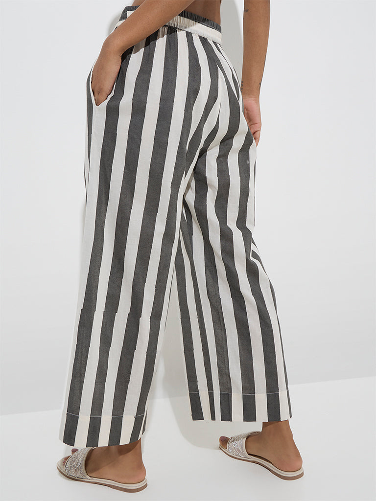 Utsa Grey Stripe Printed Cotton Ethnic Pants