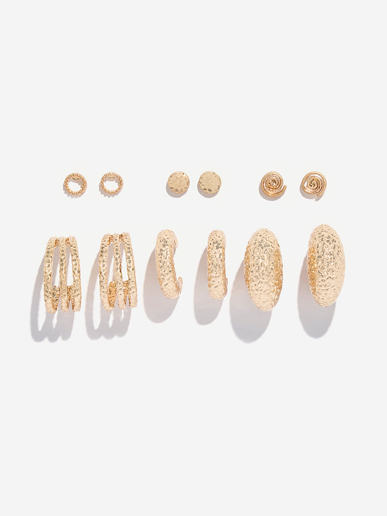 Westside Accessories Gold Textured Chunky Hoop and Stud Earrings - Pack of 6