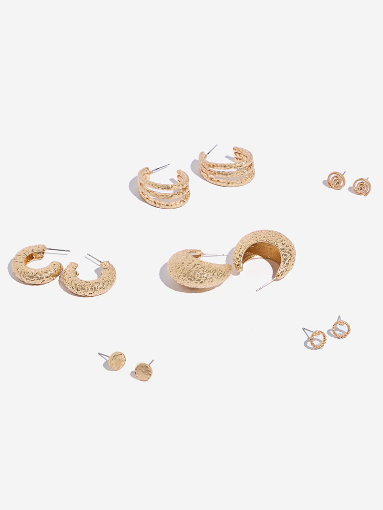 Westside Accessories Gold Textured Chunky Hoop and Stud Earrings - Pack of 6