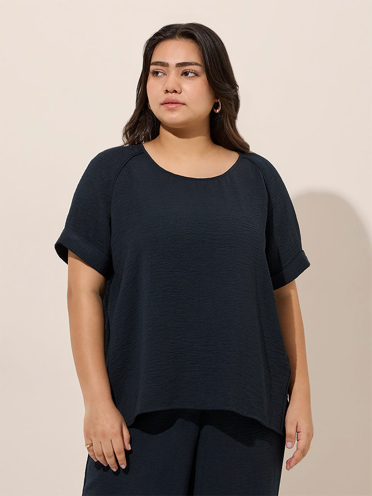 Gia Navy Crinkle-Textured Top