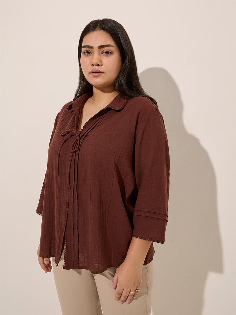 Gia Dark Brown Pintuck Detailed Cotton Top