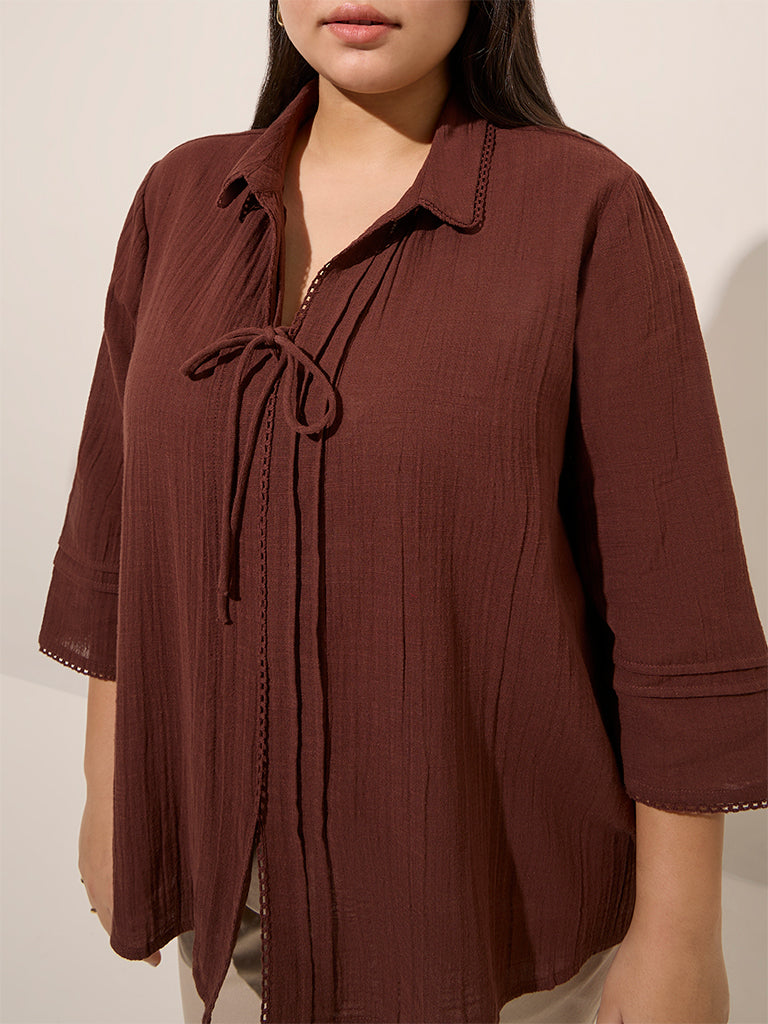 Gia Dark Brown Pintuck Detailed Cotton Top