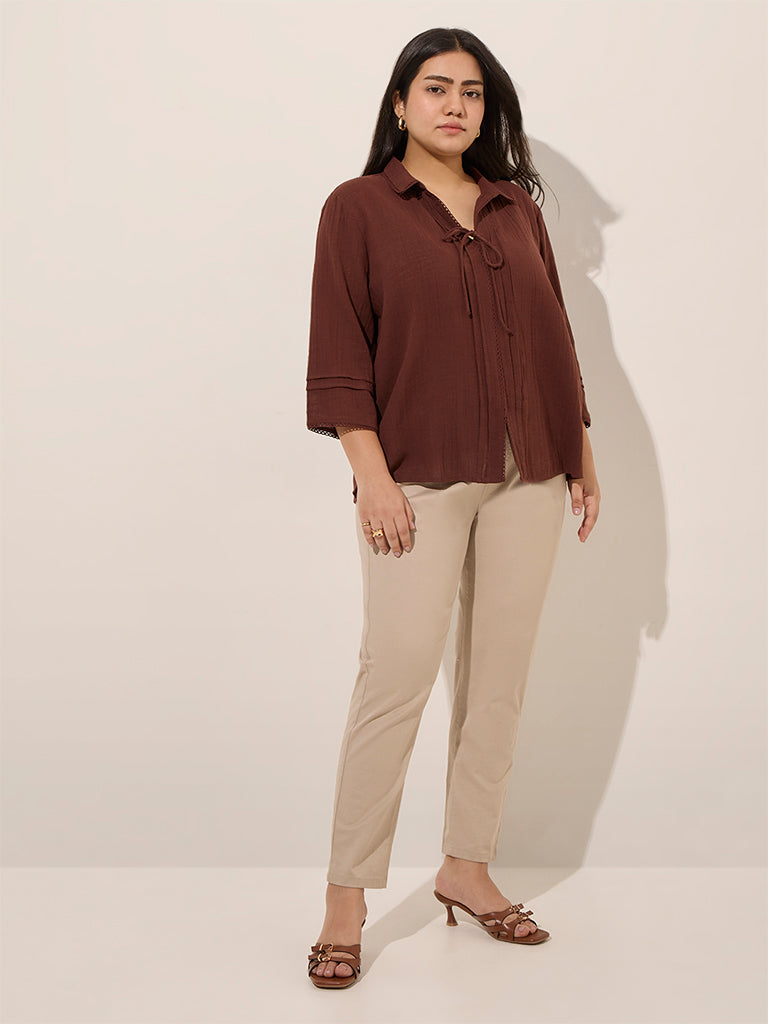 Gia Dark Brown Pintuck Detailed Cotton Top