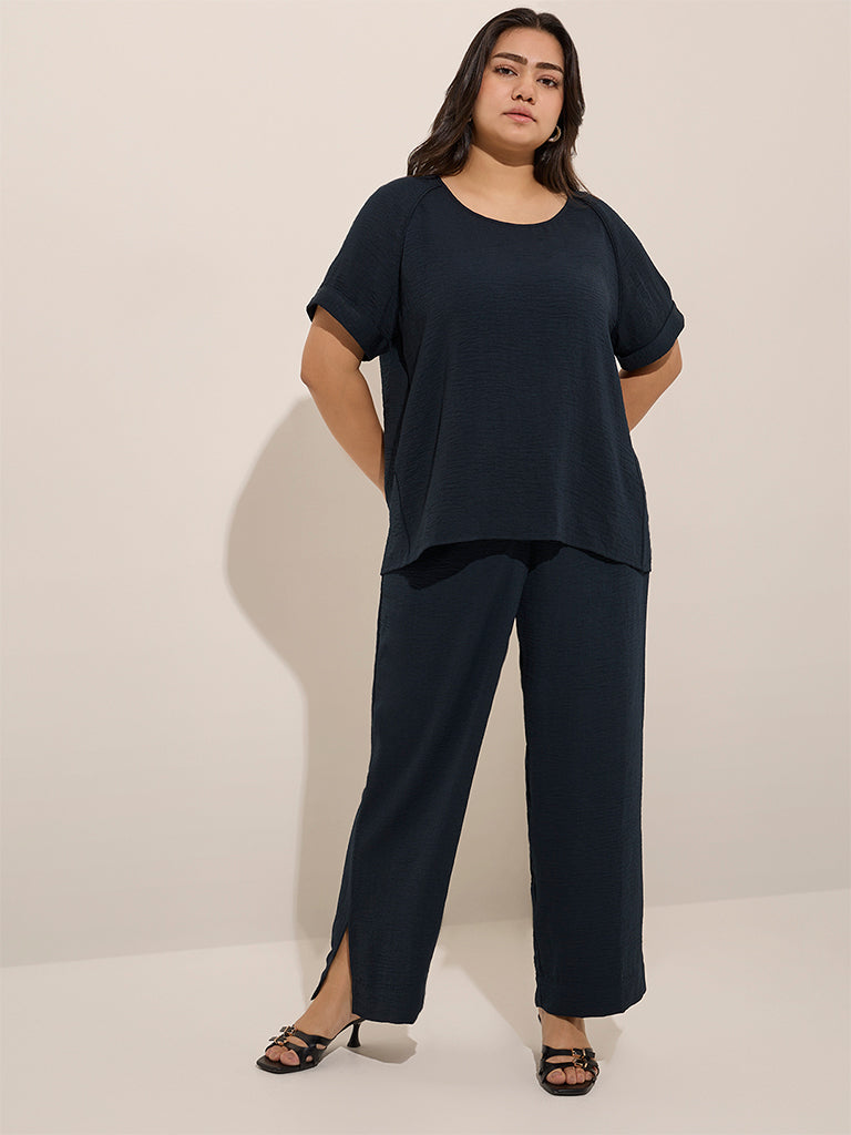 Gia Navy Crinkle-Textured Mid-Rise Wide-Leg Trousers