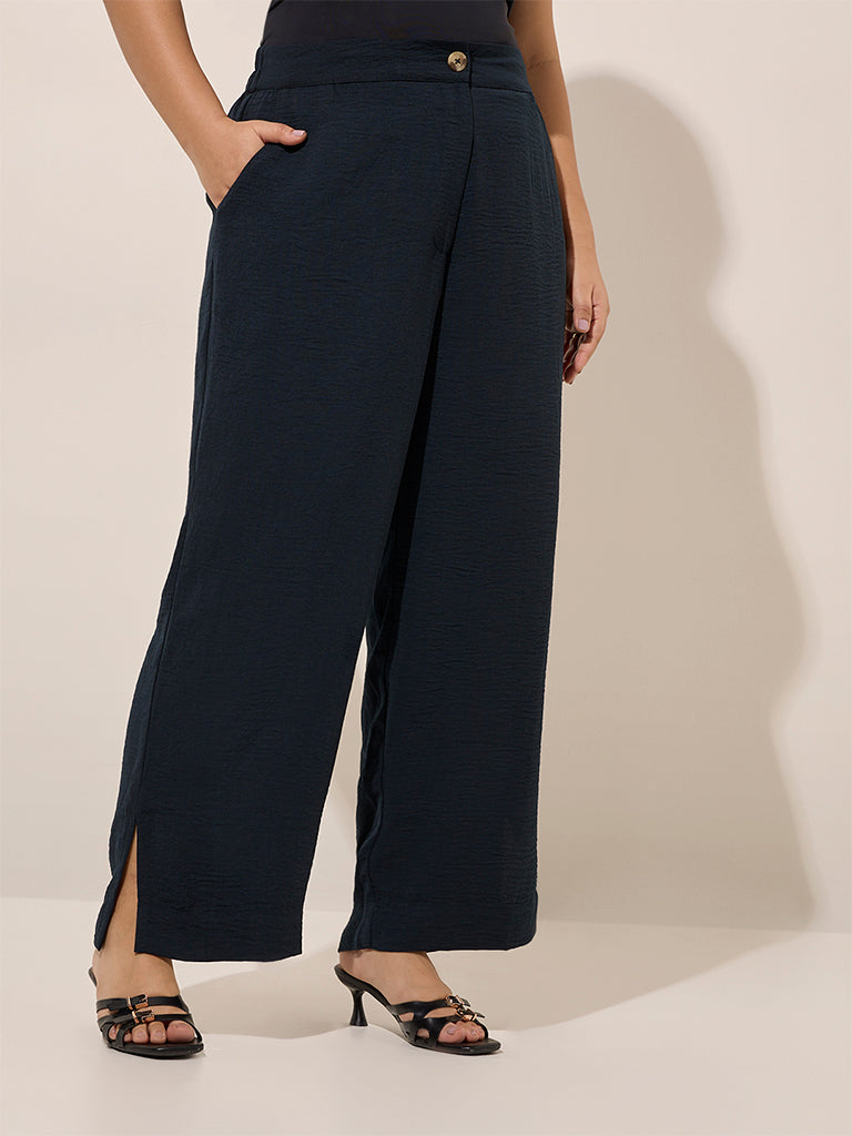 Gia Navy Crinkle-Textured Mid-Rise Wide-Leg Trousers