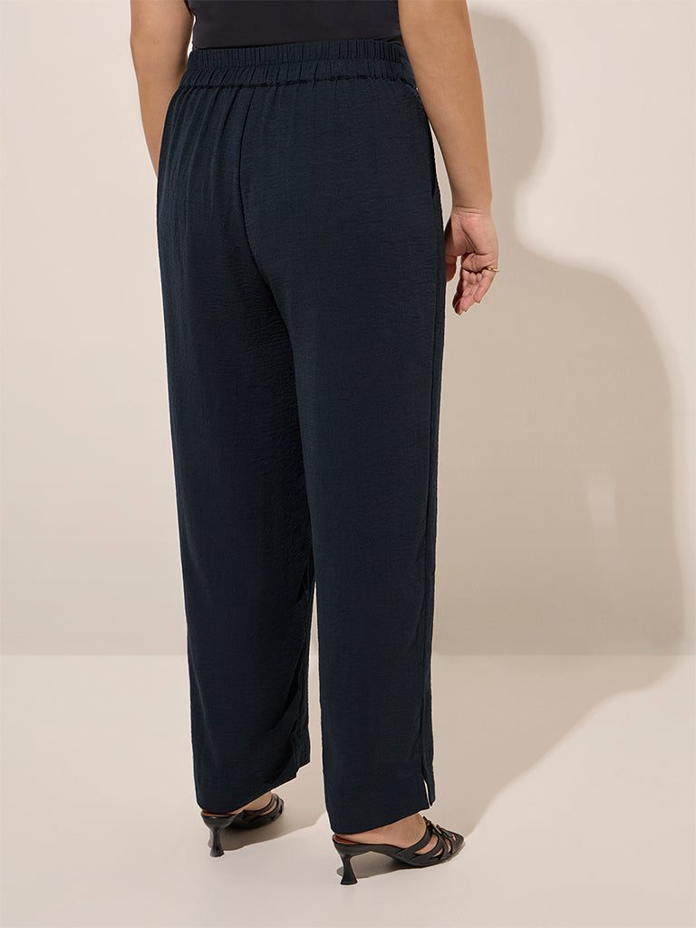 Gia Navy Crinkle-Textured Mid-Rise Wide-Leg Trousers