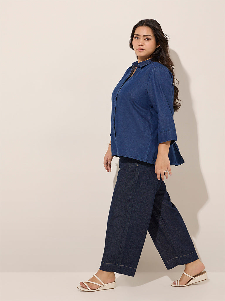 Gia Dark Blue High-Rise Wide-Leg Cotton Trousers