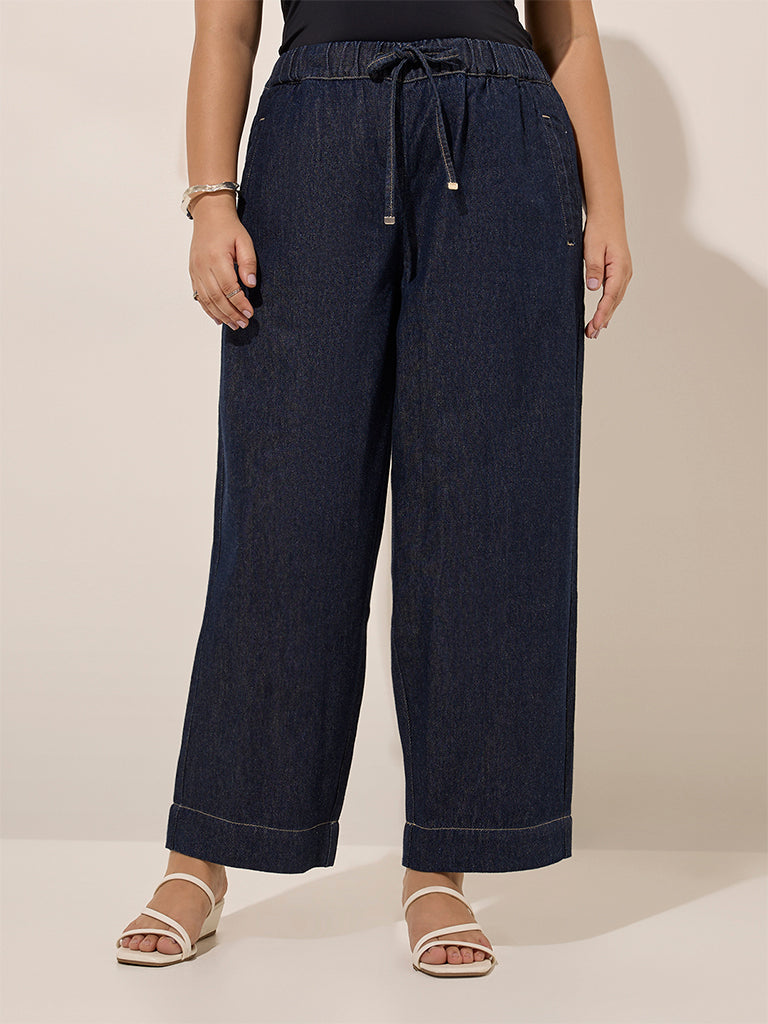 Gia Dark Blue High-Rise Wide-Leg Cotton Trousers