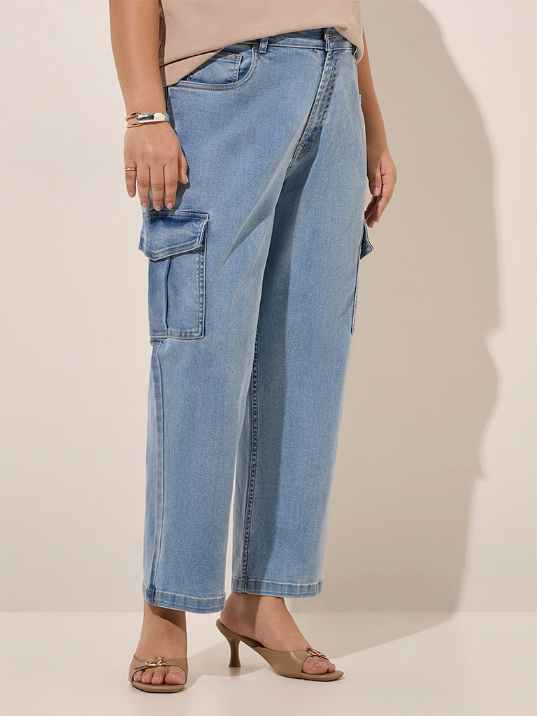 Gia Light Blue Cargo-Style Relaxed - Fit Mid - Rise Jeans