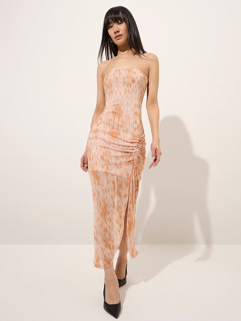 Nuon Orange Abstract Printed Mesh Bodycon Dress