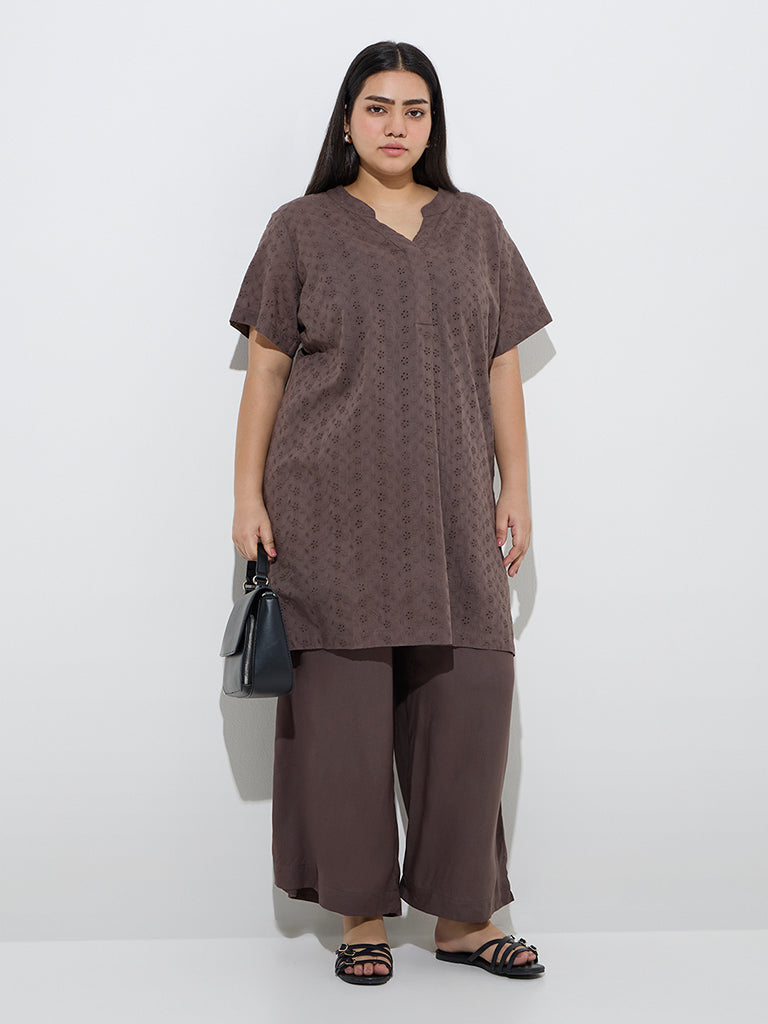 Diza Dark Brown Schiffli Design High-Low Cotton Kurta