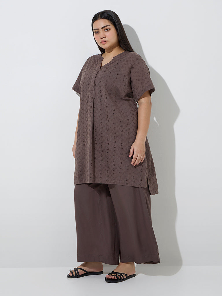 Diza Dark Brown Schiffli Design High-Low Cotton Kurta