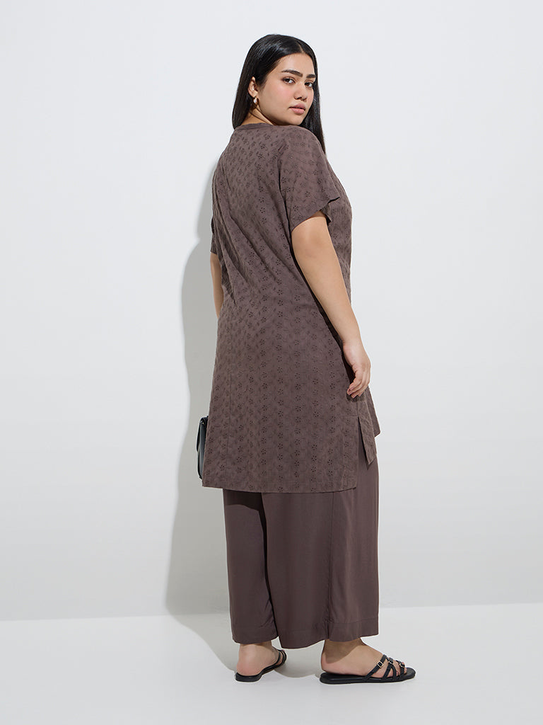 Diza Dark Brown Schiffli Design High-Low Cotton Kurta