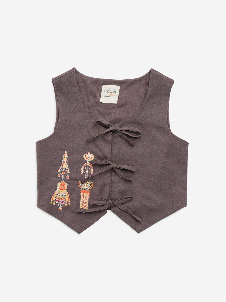 Utsa Kids Brown Embroidered Cotton Top - (2-8yrs)