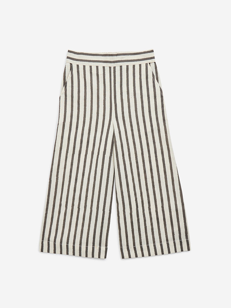 Utsa Kids Off-White Striped High-Rise Cotton Palazzos