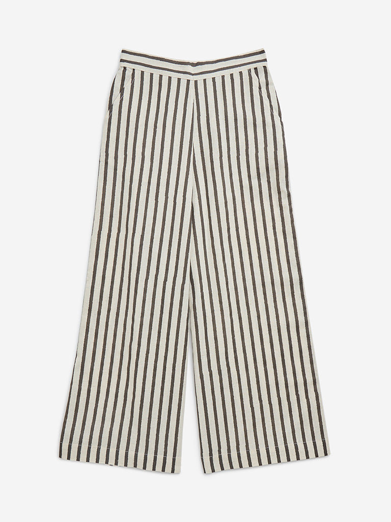 Utsa Kids Off-White Stripe Printed Cotton-Blend Palazzos - (8-14yrs)