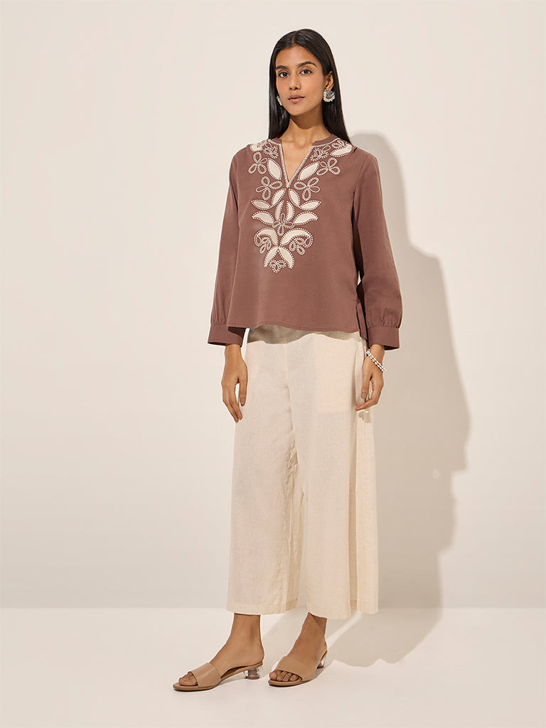 Utsa Brown Floral Embroidered Cotton-Blend Tunic