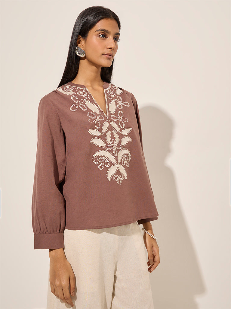 Utsa Brown Floral Embroidered Cotton-Blend Tunic