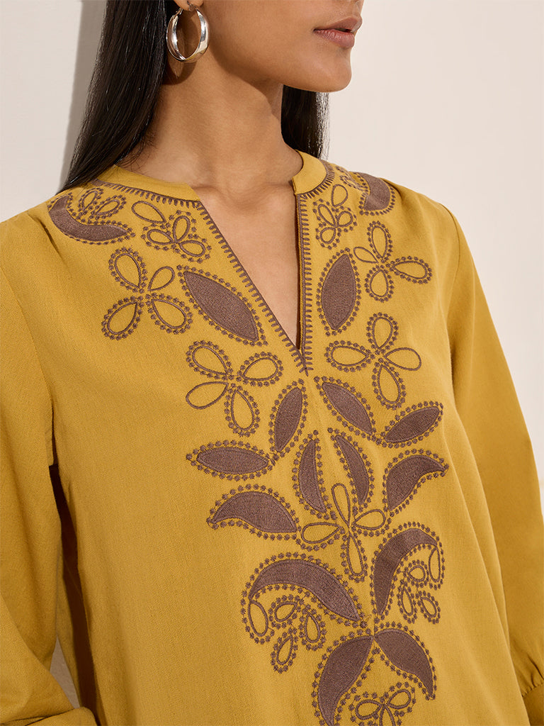 Utsa Mustard Floral Embroidered Cotton Tunic