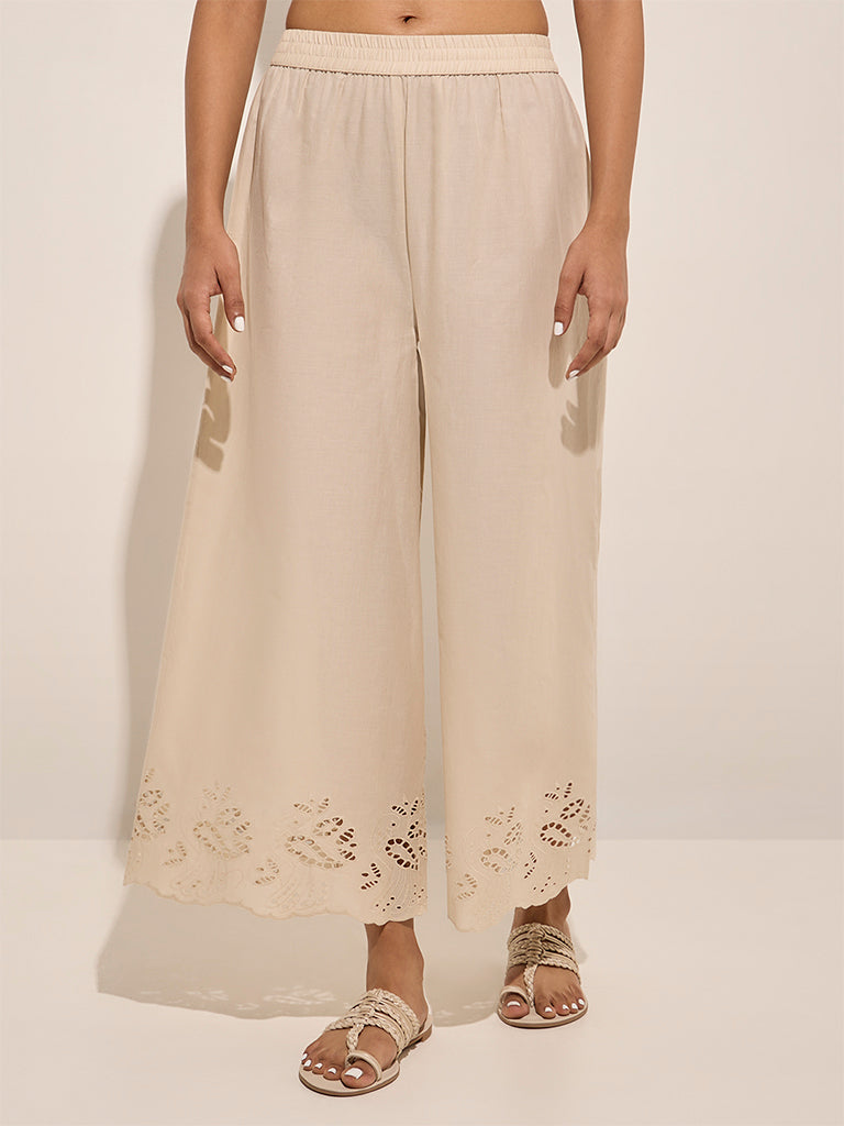 Zuba Beige Cut-Out Detailed Cotton Palazzos