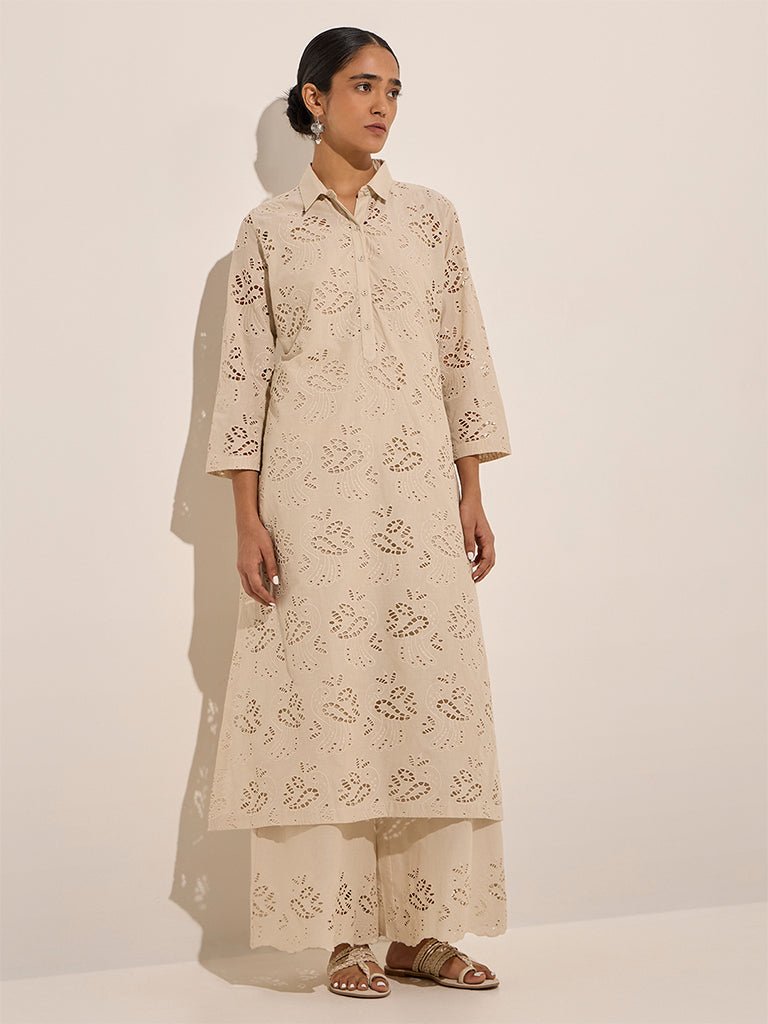 Zuba Beige Cut-Out Detailed Cotton Palazzos