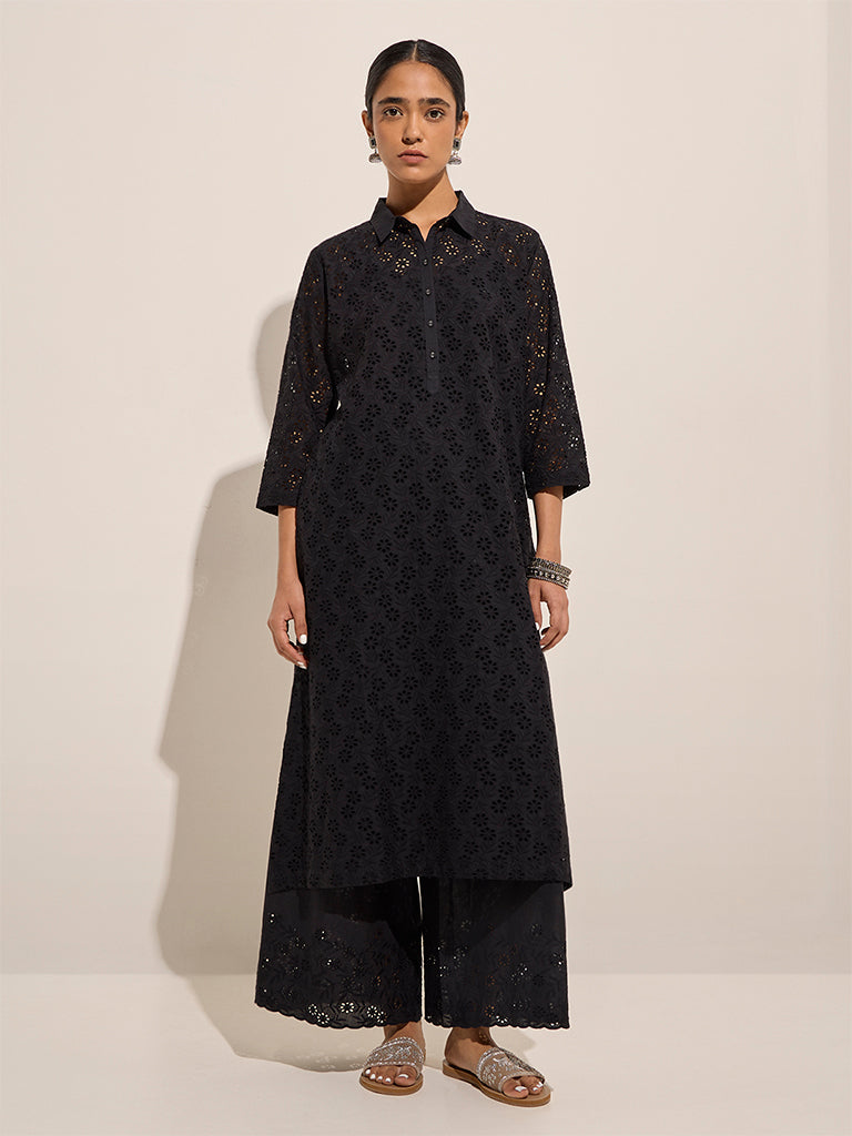 Zuba Black Cut-Out Detailed Cotton Palazzos