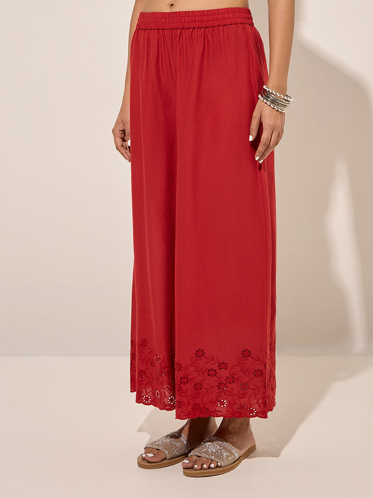 Zuba Red Cut-Out Detailed Cotton Palazzos