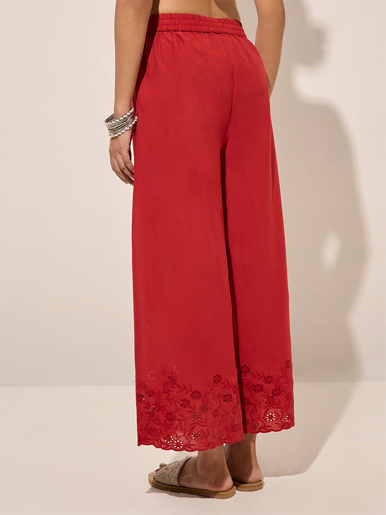 Zuba Red Cut-Out Detailed Cotton Palazzos