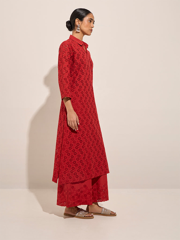 Zuba Red Cut-Out Detailed Cotton Palazzos