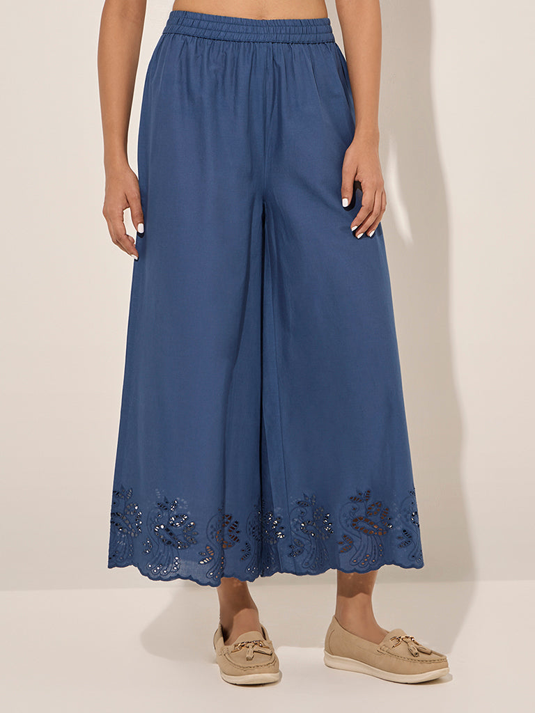 Zuba Blue Cut-Out Detailed Cotton Palazzos