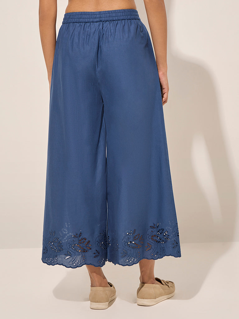 Zuba Blue Cut-Out Detailed Cotton Palazzos