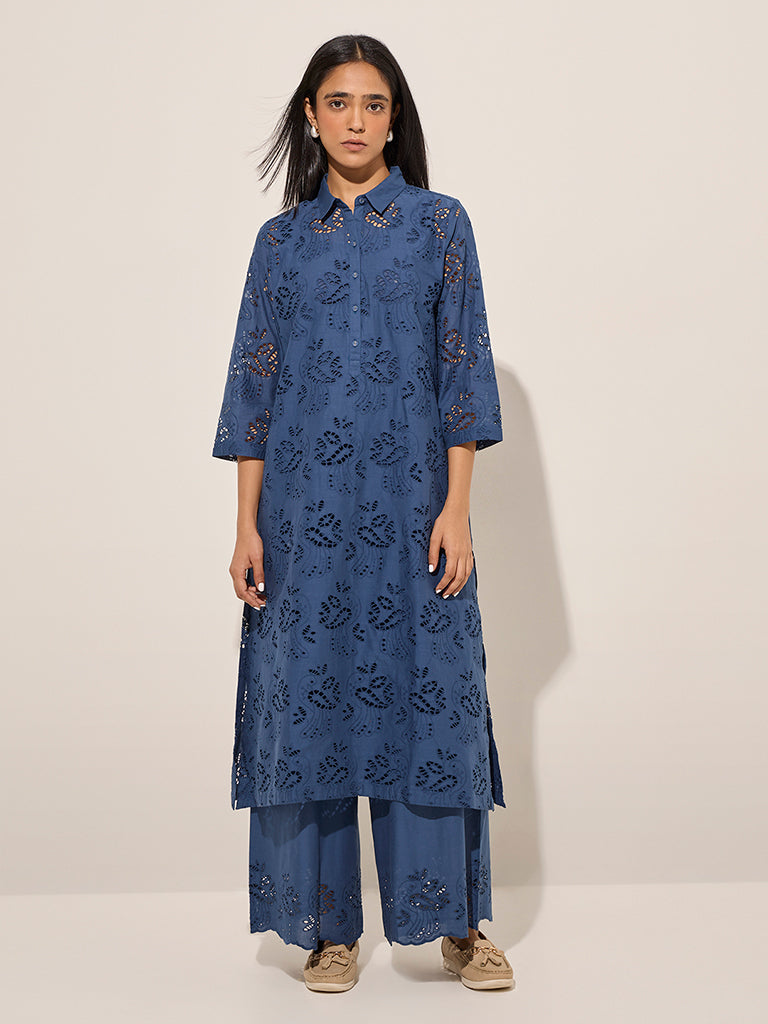 Zuba Blue Cut-Out Detailed Cotton Palazzos