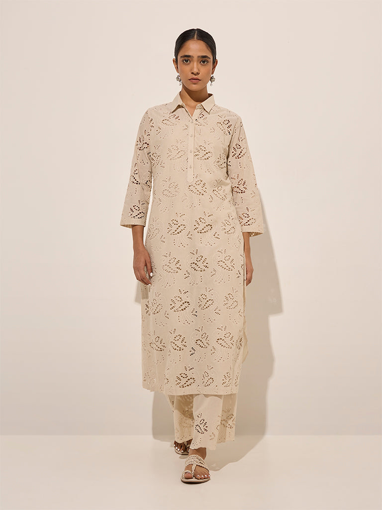 Zuba Beige Cut-Out Detailed Cotton A-Line Kurta