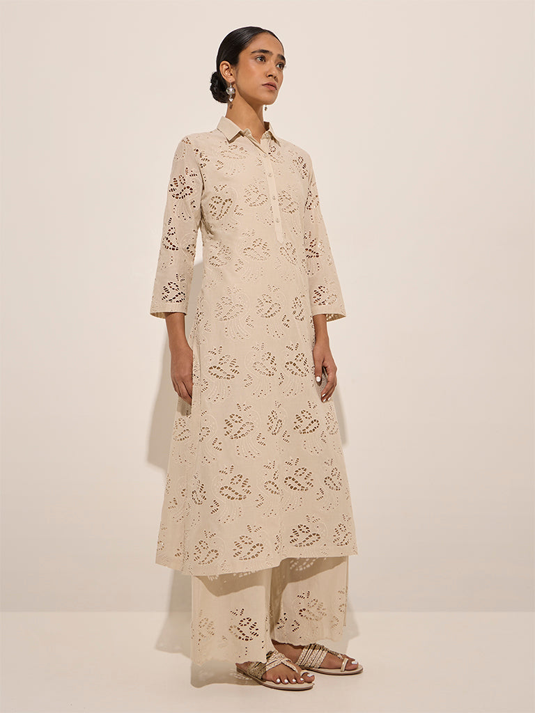 Zuba Beige Cut-Out Detailed Cotton A-Line Kurta