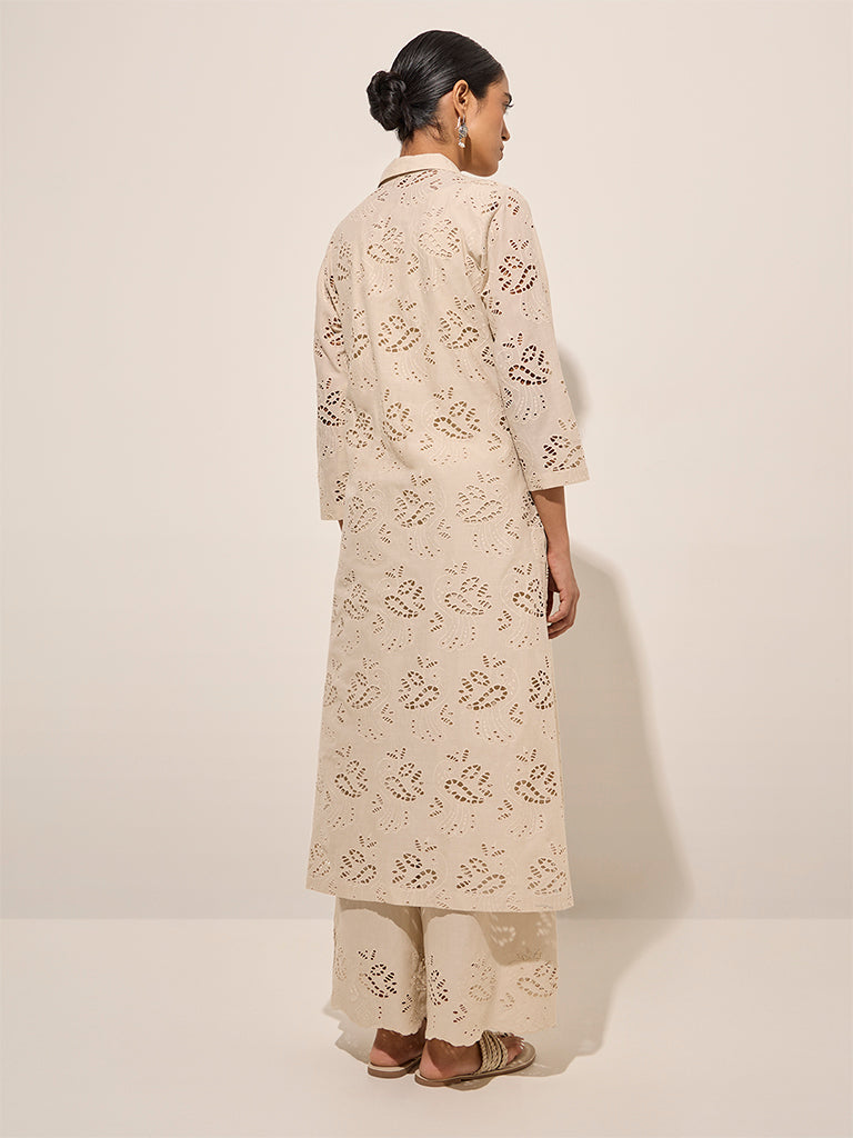 Zuba Beige Cut-Out Detailed Cotton A-Line Kurta