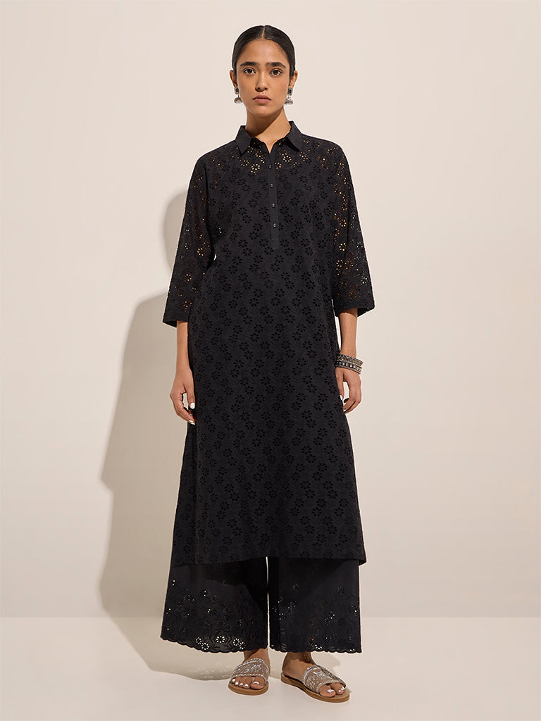 Zuba Black Floral Cut-Out Detailed A-Line Cotton Kurta