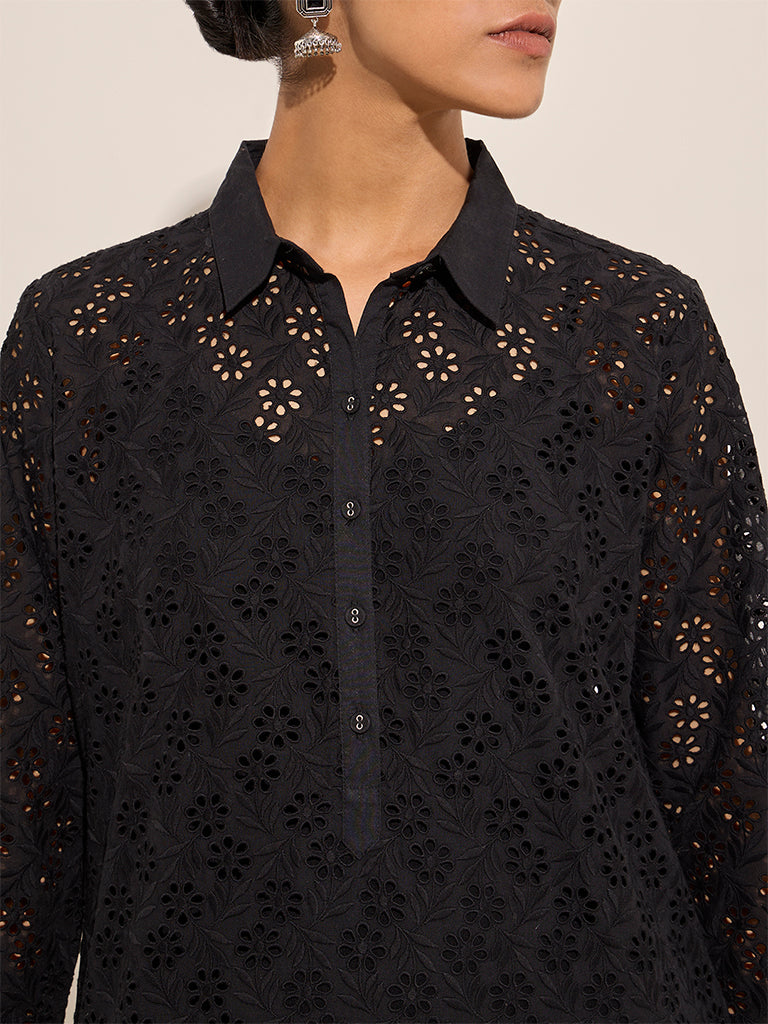 Zuba Black Floral Cut-Out Detailed A-Line Cotton Kurta