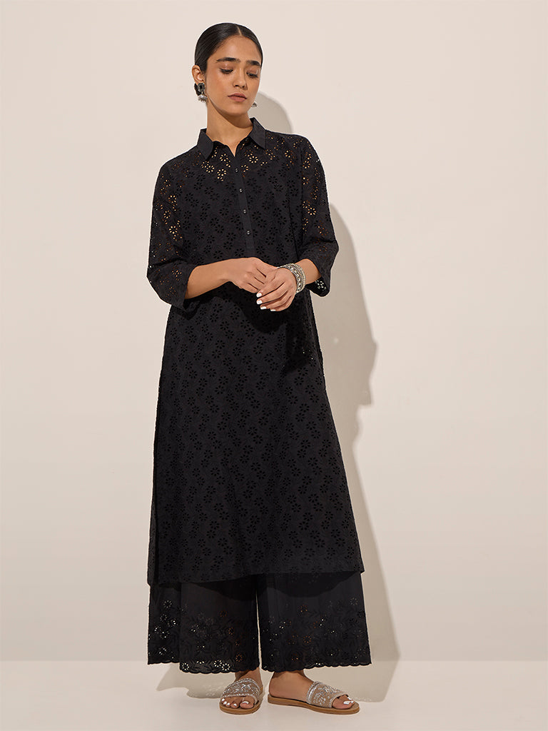 Zuba Black Floral Cut-Out Detailed A-Line Cotton Kurta