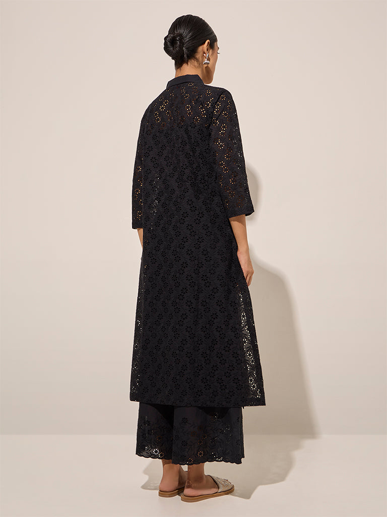 Zuba Black Floral Cut-Out Detailed A-Line Cotton Kurta