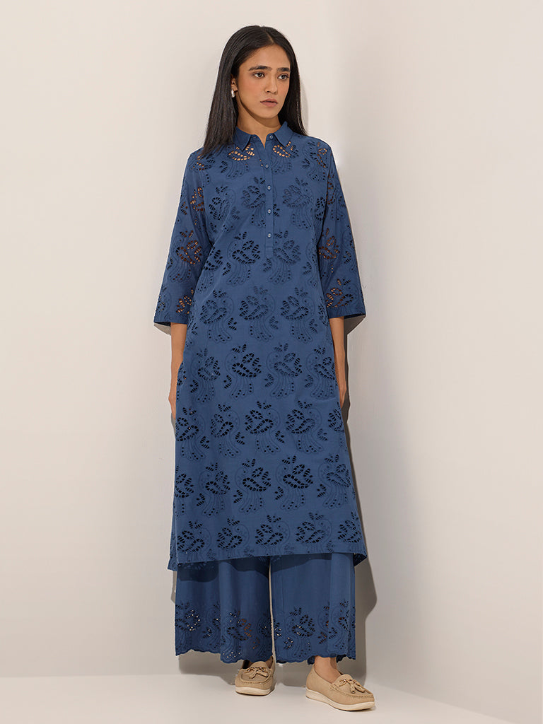 Zuba Blue Cut-Out Detailed Cotton A-Line Kurta