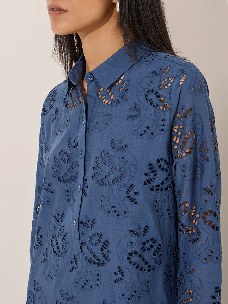 Zuba Blue Cut-Out Detailed Cotton A-Line Kurta