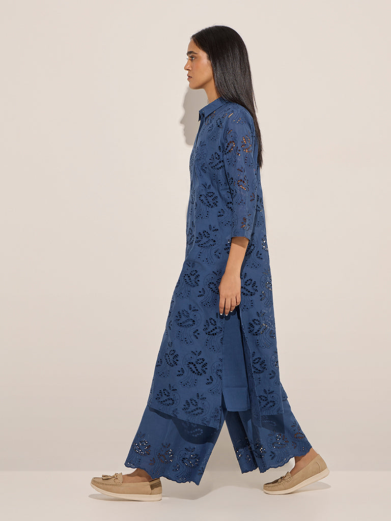 Zuba Blue Cut-Out Detailed Cotton A-Line Kurta