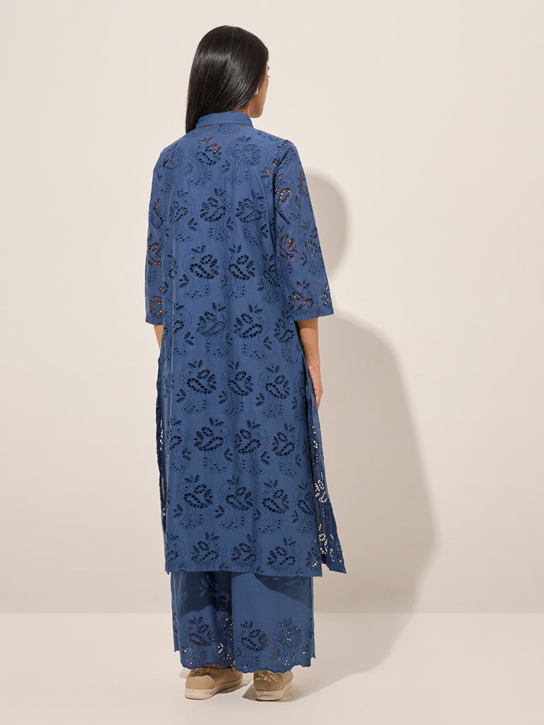 Zuba Blue Cut-Out Detailed Cotton A-Line Kurta