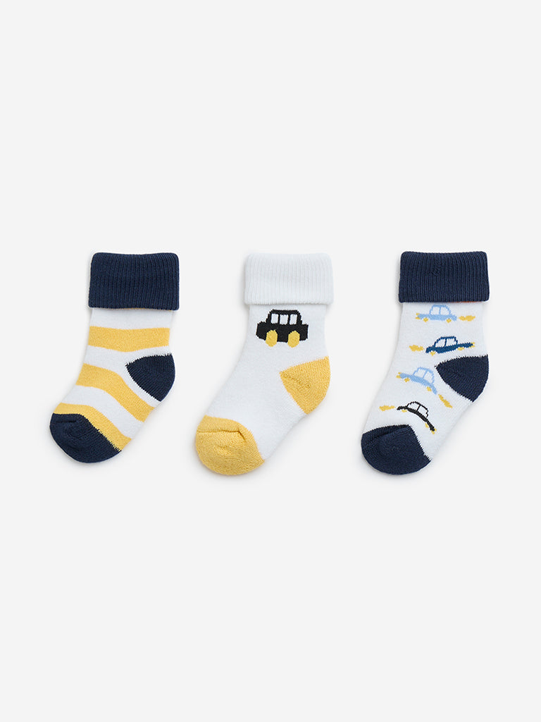 HOP Baby Yellow Car Printed Cotton-Blend Socks - Pack of 3