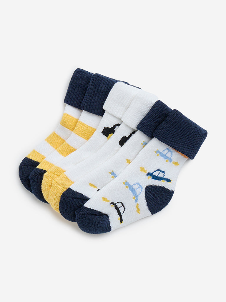 HOP Baby Yellow Car Printed Cotton-Blend Socks - Pack of 3