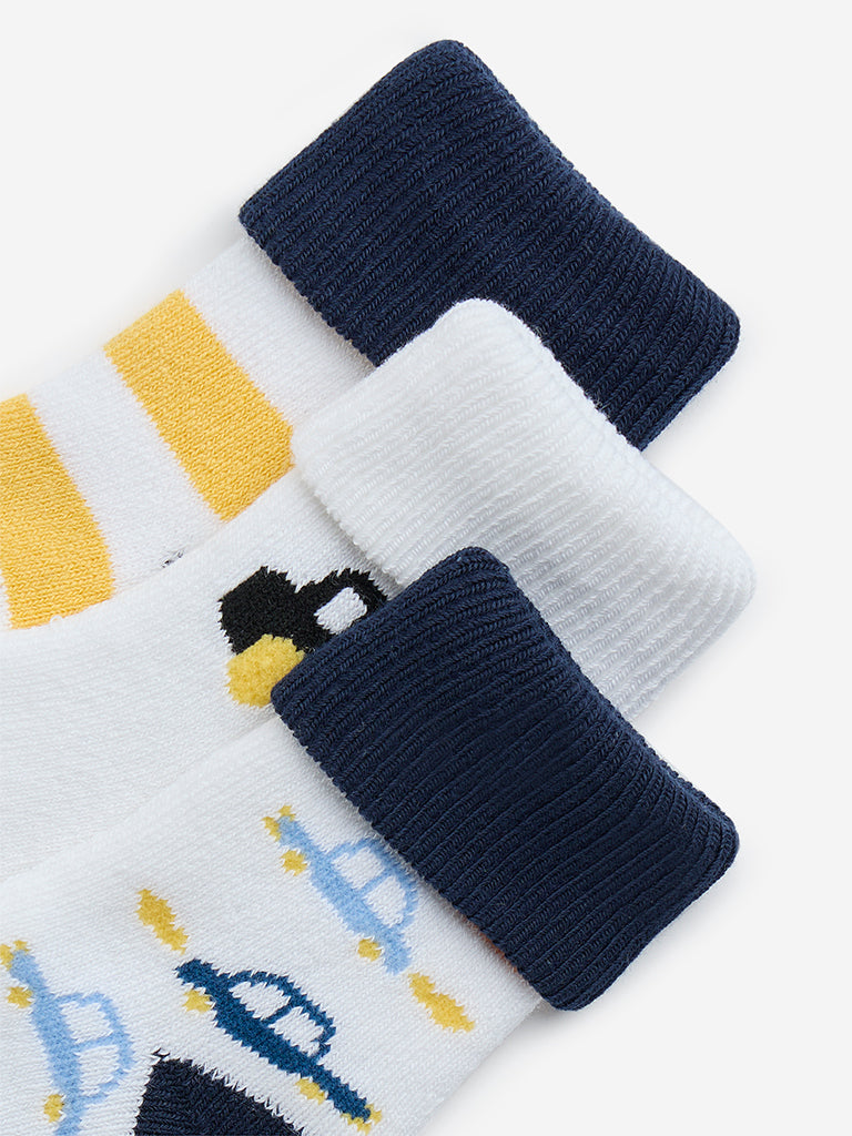 HOP Baby Yellow Car Printed Cotton-Blend Socks - Pack of 3