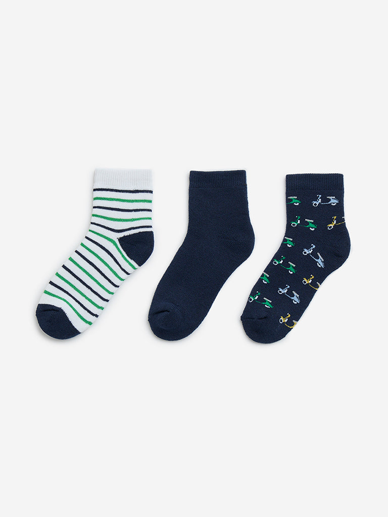 HOP Kids Navy Scooter Printed Cotton-Blend Socks - Pack of 3