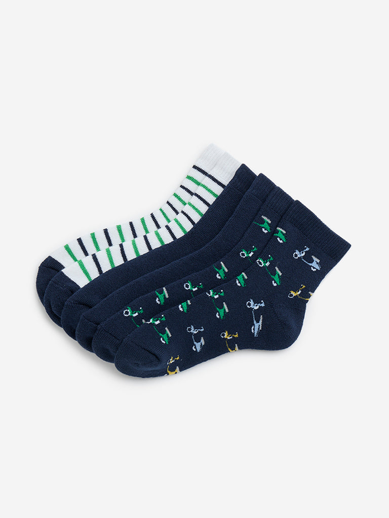 HOP Kids Navy Scooter Printed Cotton-Blend Socks - Pack of 3